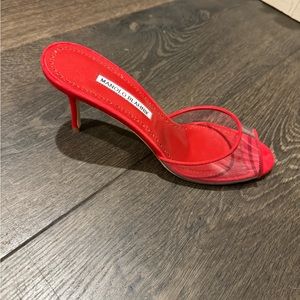 Manolo Blahnik red suede and pvc mule